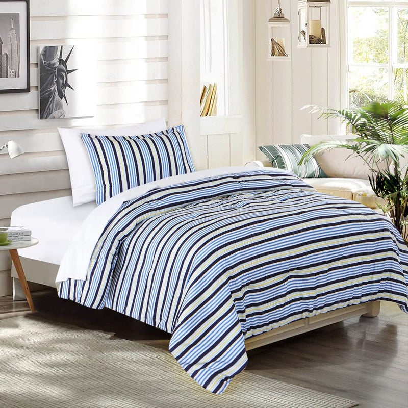 EMME 5-Pieces Bed-in-A-Bag Bedding Comforter Set, Blue Stripe Brushed Microfiber Bed Set with Sheets, Soft Comfortable Down Alternative Comforter Set (5-Piece Twin/Twin XL, Blue Stripe) - Image 1